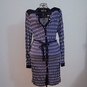 Boden Long Sleeve Dress in Navy and White